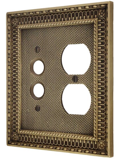 Pisano Push Button / Duplex Combination Switch Plate in Antique Brass.